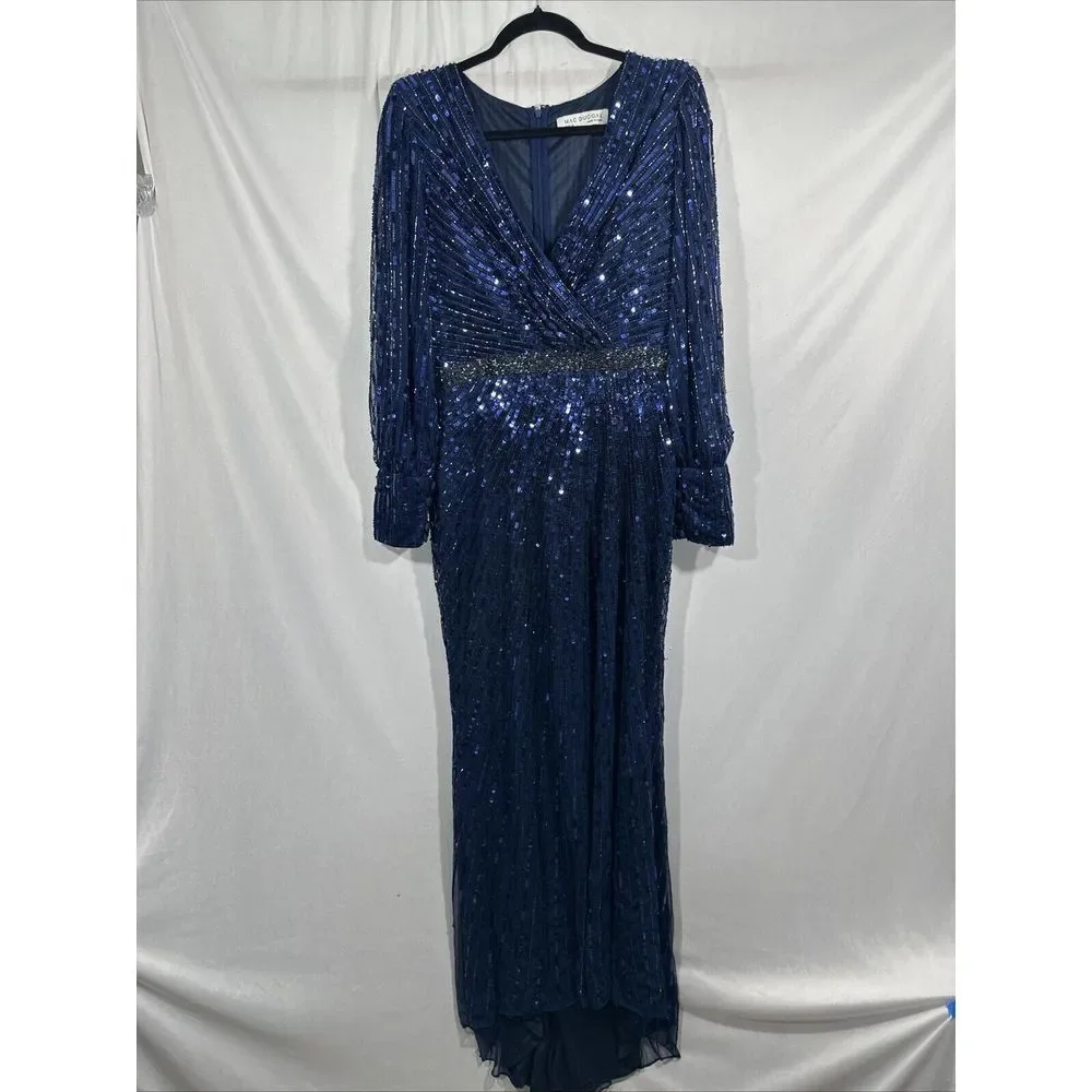 NWT $598 Mac Duggal [ 12 ]‎ 5501 Sequined Wrap Over Bishop Sleeve Gown Blue - Picture 10 of 16